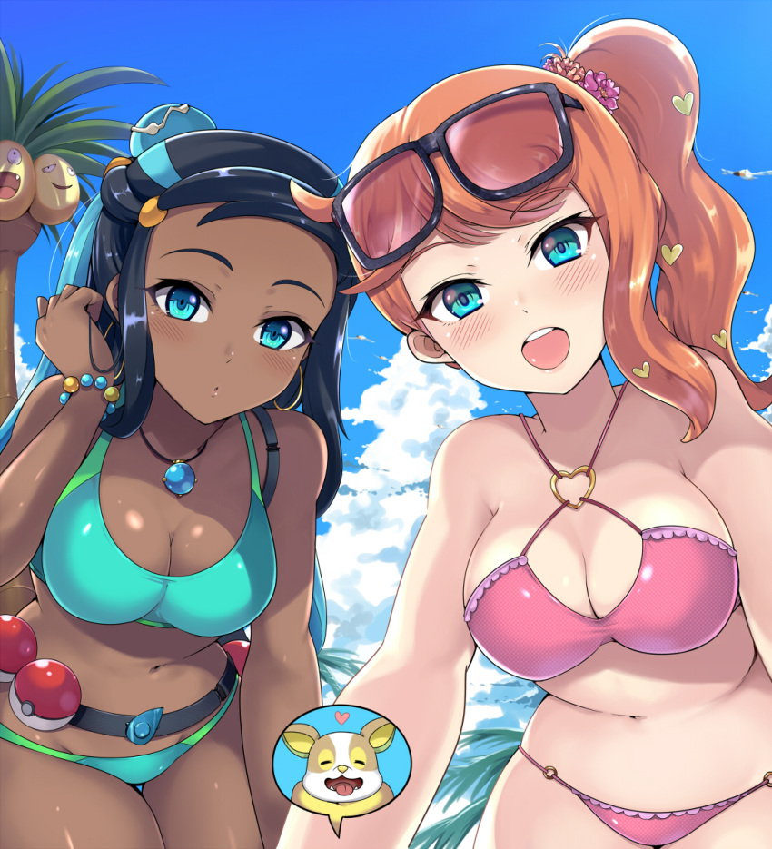 2020 2_女の子 アロランエグゼグター 曖昧な性別 巨乳 ビキニ 青い目 赤面胸 チョコレートとバニラ 服を着た女性 黒い肌の女性 黒い肌のイヤリング アイコンタクト 女性のみ 焦点 女性のみ 眼鏡 髪飾り 人間 かさい_しん 長髪 見つめる 成熟した 成熟した女性 ネッサ(ポケモン) 任天堂 オレンジ 髪 白い肌の女性 白い肌 ポケモン ポケモン ポケモン_SM ポケモン_SS ポニーテール ソニア_(ポケモン) サングラス_オンヘッド タグメ ツートーンヘア ビデオ_ゲーム_キャラクターvideo_game_franchise ホワイトスキン ヤンパー