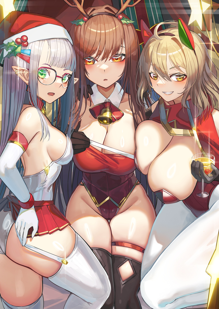 3_girls anis_(nikke) ベル big_breasts black_gloves black_thighhighs blonde_hair ブレスト_プレス ブレスト ブラウンヘア クリスマスの谷間 コメント_リクエスト カップ 切り離された_衿 肘_手袋 フェイク_サイド 手袋 女神_of_勝利:_ニッケ 緑_目 灰色_髪 ニヤリ毛_目の間_帽子 ハイレゾ ハイレグ ハイレグ_レオタード ホールド ホールディング_カップ レオタード ロング_髪 見る人 横を見る 中乳 複数の女の子 名取妖怪 首ベル ネオン（ニッケ） 口を開ける パンツ パンストとがった耳 ラピ (ニッケ) 赤いレオタード 赤いスカート サンタの帽子 光沢のある肌のスカート スマイル ストッキング ストレートヘア ストラップレス ストラップレス レオタード 太もも 下着 とても長い髪 白い手袋 白いパンツ 白いパンスト 白い太もも 黄色い目