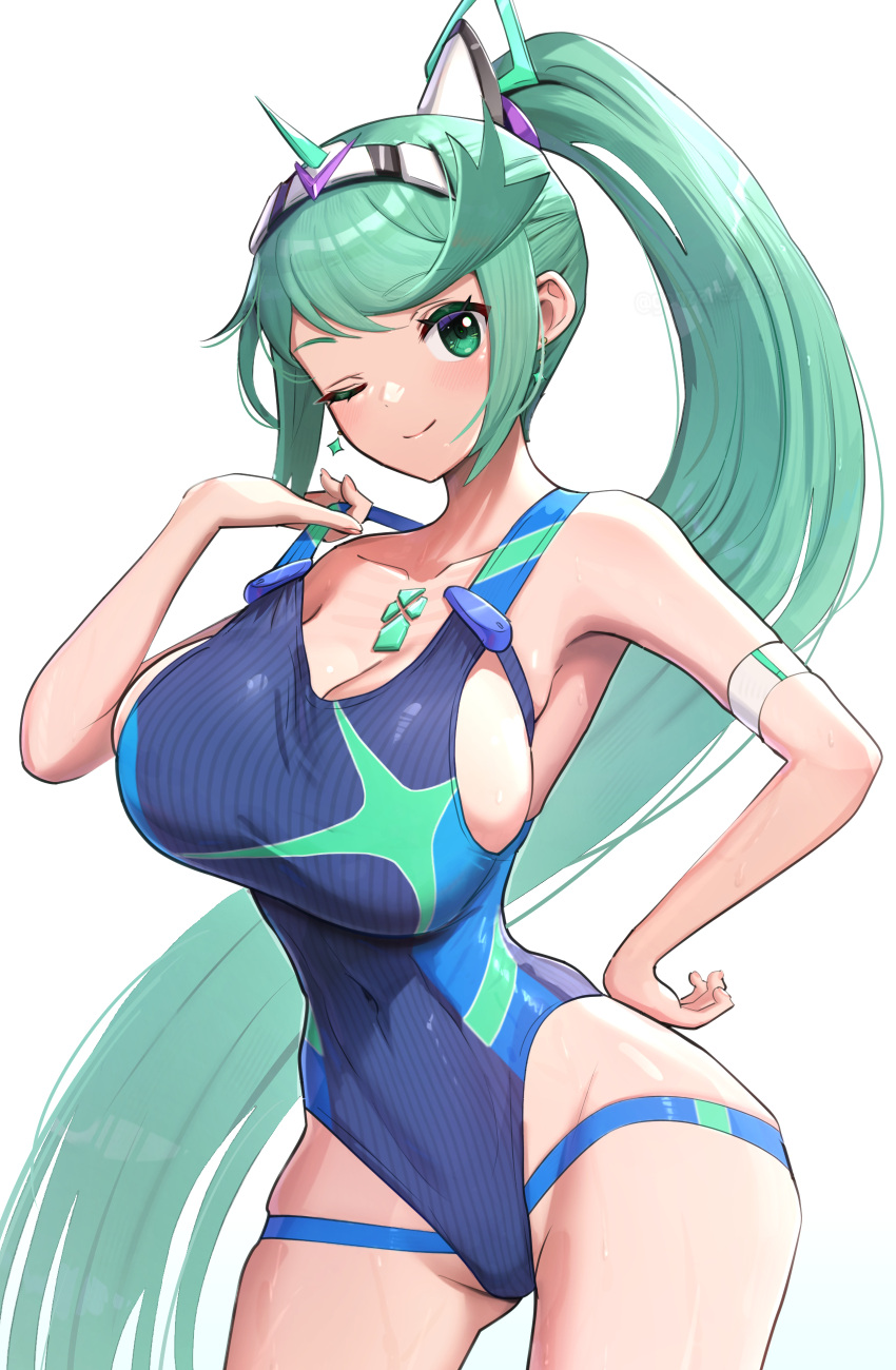 女の子 1 人 不条理な解像度 魅惑的な代替コスチューム 巨乳 巨乳 ビキニの胸 ゴンザレス 緑の目 緑の髪 高解像度の長髪 ワンピース ビキニ プネウマ (ゼノブレイド) ポニーテール シンプルな背景 水着 非常に長い髪 白の背景 ゼノブレイド (シリーズ) ゼノブレイド クロニクルズ_2