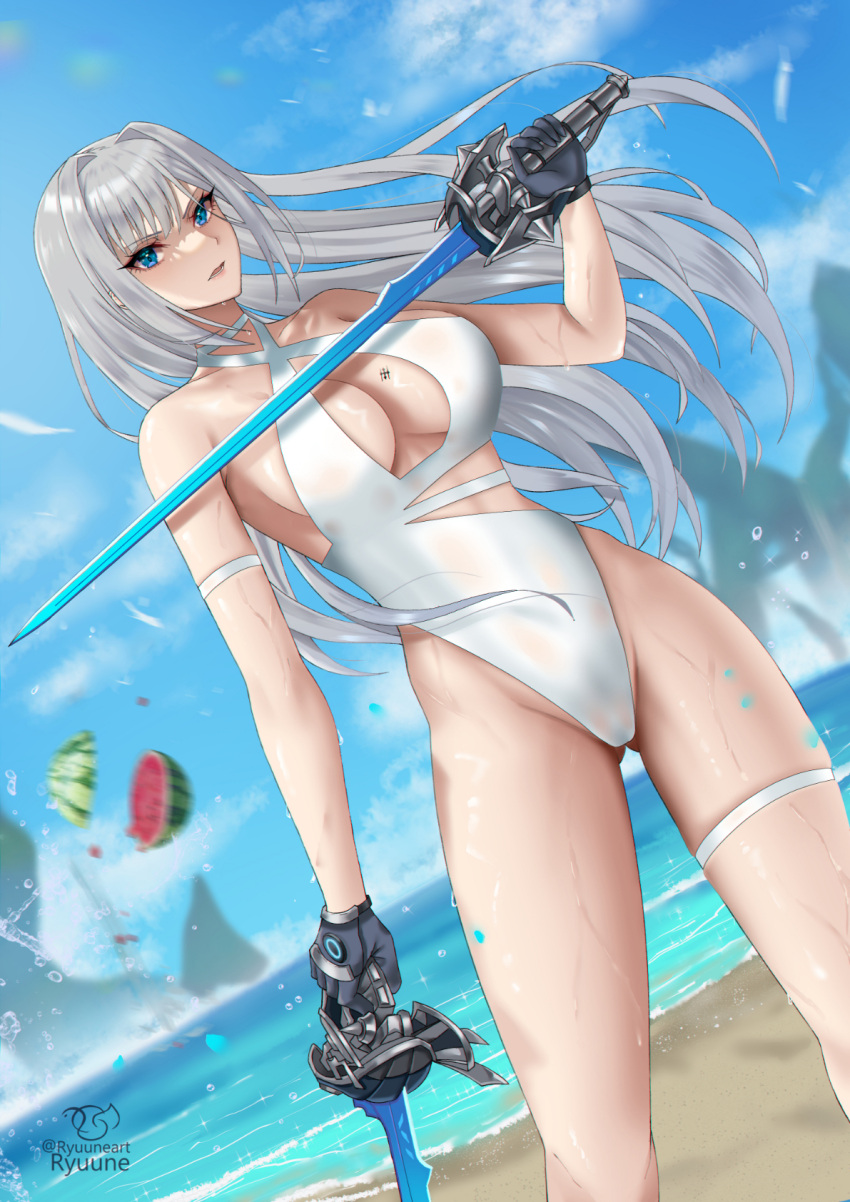 1girl arluring alterate_breast_size beach big_breasts blue_eyes blast_tattoo bread cleavage dual_wielding ethel_（xenoblade）heroes_（xenoblade_3）high_res menolith_soft nintendo nintendo one-swimsuit （シリーズ）xenoblade_chronicles_3