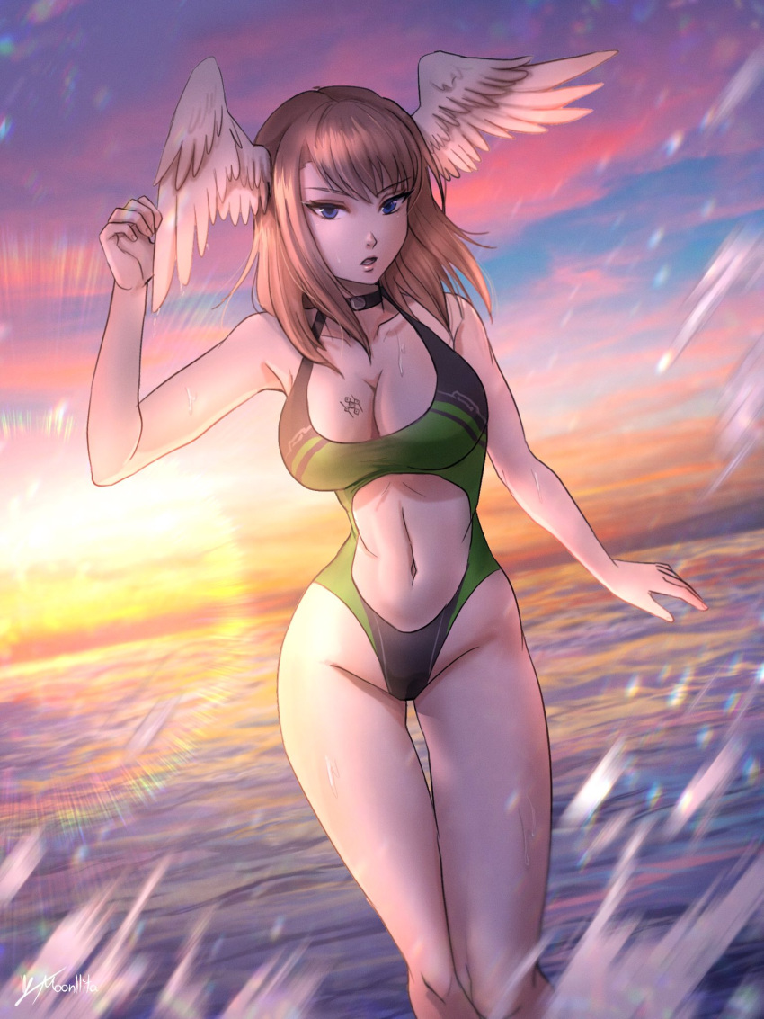 1女の子 魅力的な素足 巨乳 ビキニ 青い目 乳房 茶色の髪 ユーニー(ゼノブレイド) ハイエンティア ムーンリタ ムーンリタ(アーティスト) 任天堂 ワンピース ビキニ 水着 濡れた ゼノブレイド(シリーズ) ゼノブレイド_クロニクルズ_3