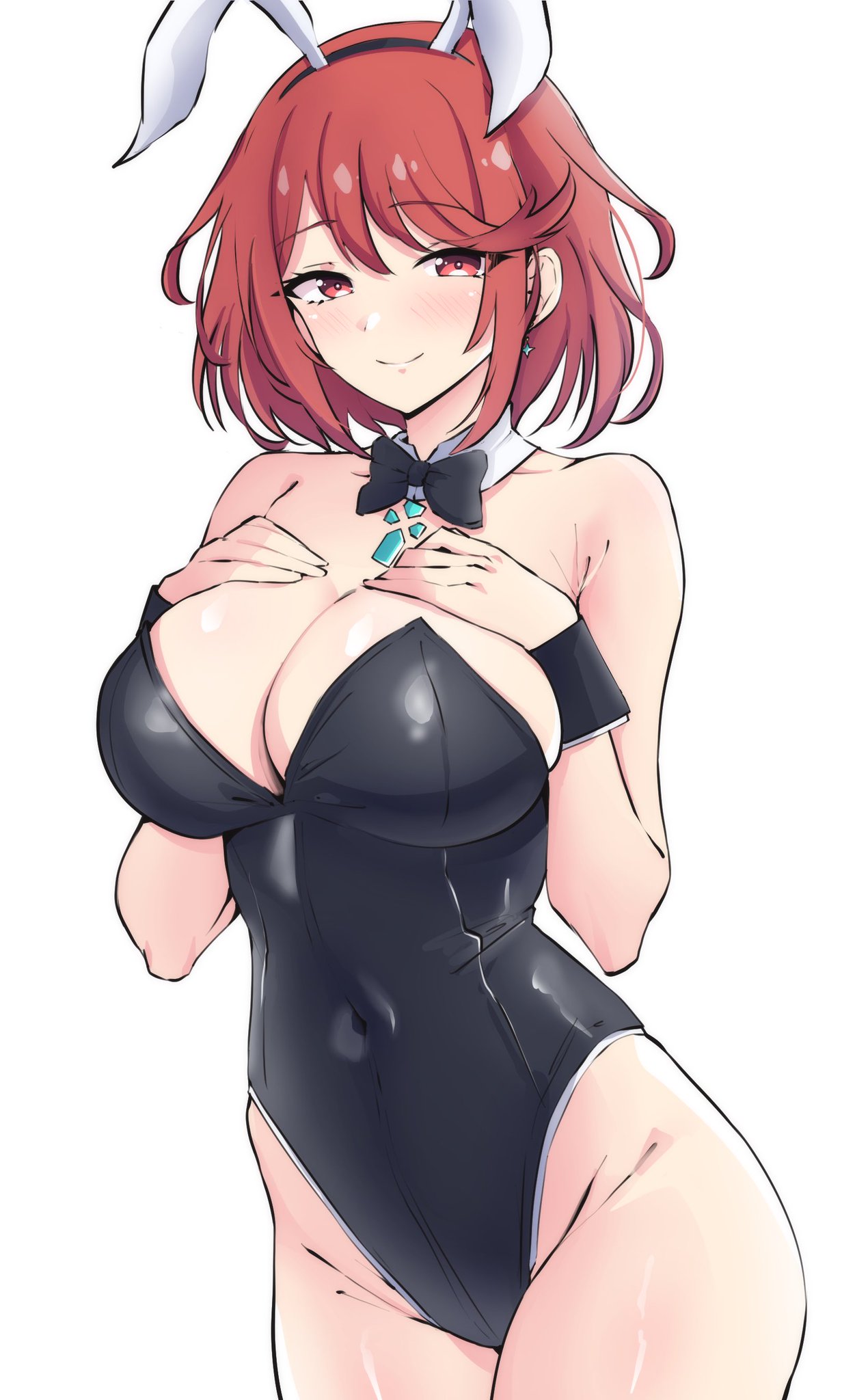 1女の子の不条理 魅惑的な動物の耳 巨乳 黒レオタード 赤面胸 バニーバニーコスチューム バニー耳 胸ジュエル 胸の谷間 外襟 ドロップイヤリング イヤリング 偽動物の耳 股間 ヒロイン ハイレグ ハイレグレオタード ハイレゾジュエリー 巨乳 ラテレオタード 成熟した女性 ミディアムヘア 熟女 任天堂 プレイボーイバニー パイラ パイラ (ゼノブレイド) ウサギの耳赤い目、赤い髪、性的に思わせぶりなショートヘア、シンプルな背景、笑顔、ソロ、ソロ、フォーカス、ストラップレス、ストラップレス、レオタード、前髪、水着、白背景リストカフス ゼノブレイド_(シリーズ) ゼノブレイド_クロニクルズ_2