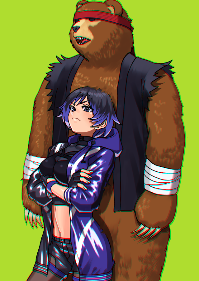 1girl akisu_k akisu_karasu badass bandai_namco bear black_and_purple_hair 黒髪の胸 服を着た支配的な女性 指なし手袋 kuma kuma_(鉄拳) namco namco_bandai レイナ reina_(鉄拳) reina_mishima sfw 立っている鉄拳 tekken_8 おてんば娘 twitter