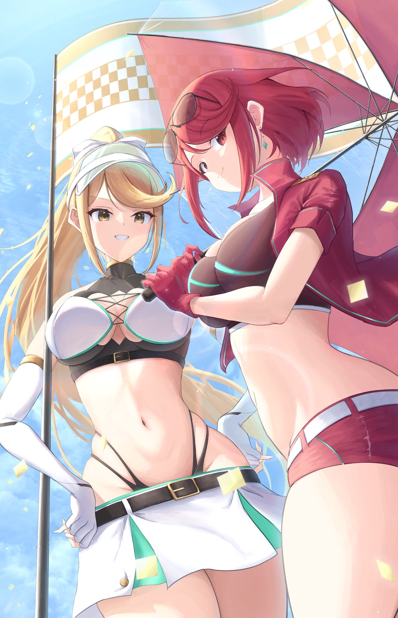 2_girls 魅惑的な代替コスチューム big_breasts ブロンド_ヘアー ブース_ベイビー ブレスト チェッカーフラッグ デュアル_ペルソナ 女性_フォーカス フラグ 高解像度 長髪 マッチングヘア/目 マルチガールズ ミトラ へそ ニンテンドー オカズ2010015 日傘 パイラ レース_クイーン レッドアイズ レッドヘアー ショートヘア スイープ前髪 傘 非常にロングヘアー ゼノブレイド_(シリーズ) ゼノブレイド_クロニクルズ_2 イエローアイs