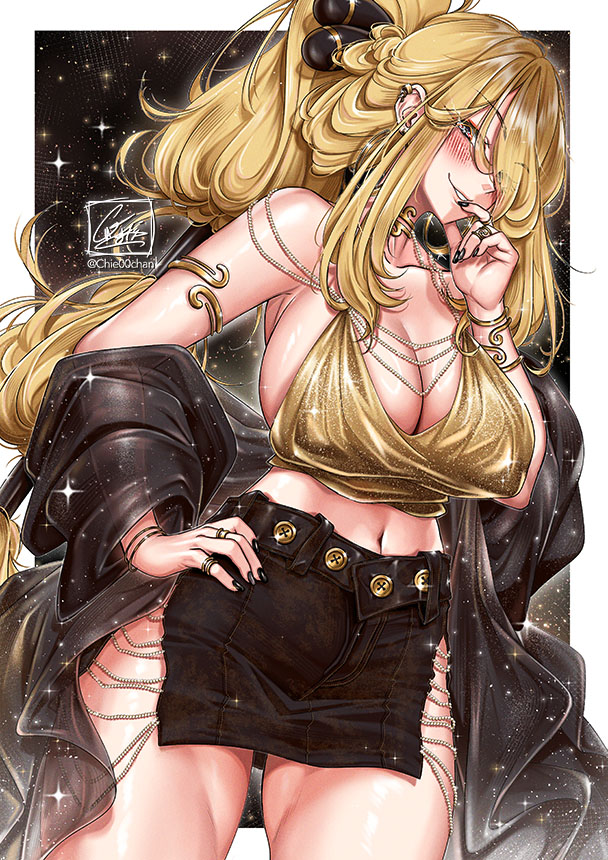 1女1女 金髪 乳房 チエ00ちゃん 胸の谷間 シンシア(ポケモン) 片目の毛 巨大な乳房 色白の女性 白い肌 長い髪 エッチな顔 任天堂ポケモン ポケモンdppt ポニーテール 笑顔