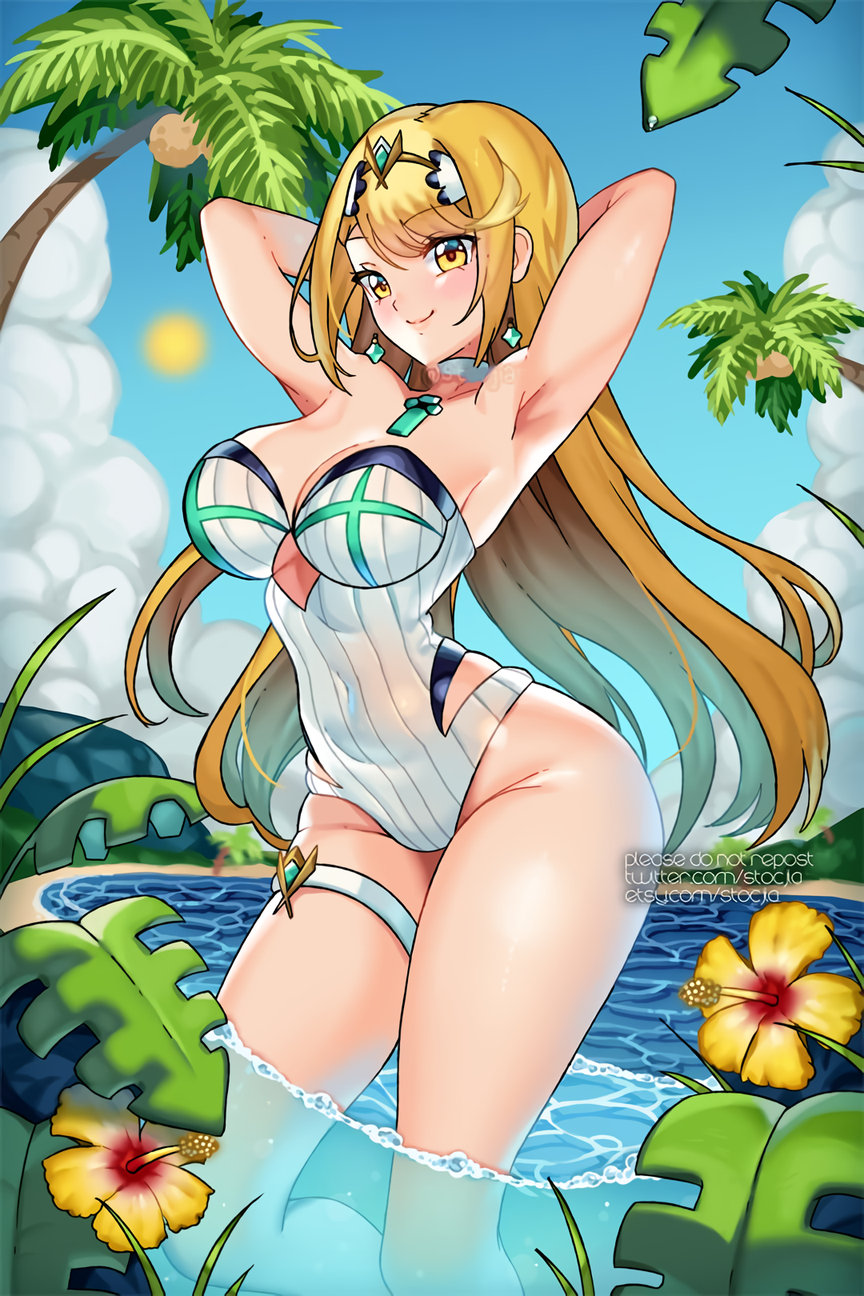 1girl 1girl 1girl 魅力的なビキニ ブロンド 髪 胸の谷間 コア クリスタル 女性のみ 見る人 ママ0カ ミスラ 任天堂 ストックジア ゼノブレイド_(シリーズ) ゼノブレイド_クロニクルズ_2 イエローアイズ