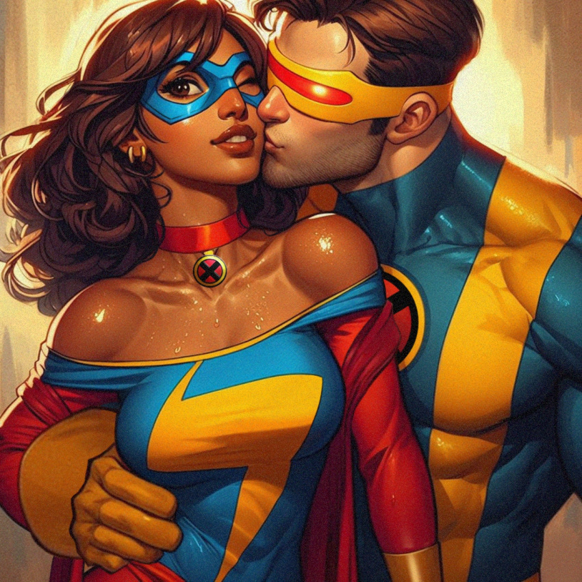 ai_edit ai_generated bare_shoulders big_breasts brown_eyes brown_hair brown_skin choker collarbone cyclops_（x-men）dark-skinned_female earrings eyemask _on_waist interracial kamala_khanキス_Summers SuperHero SuperHeroine Tight_Clothing X-Men