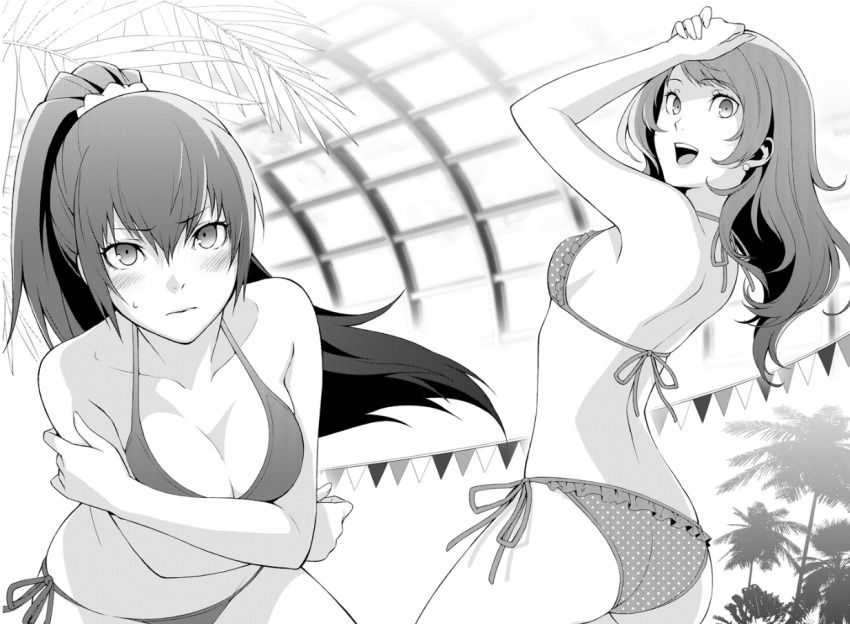 2_girls atlus big_breasts ビキニ 胸 kujikawa_rise looking_at_viewer looking_back 女神転生 モノクロ ナオト_シロガネ ペルソナ ペルソナ4 ペルソナx_刑事_ナオト ライズ_久慈川 シロガネ_ナオト 横乳 曽我部_修二