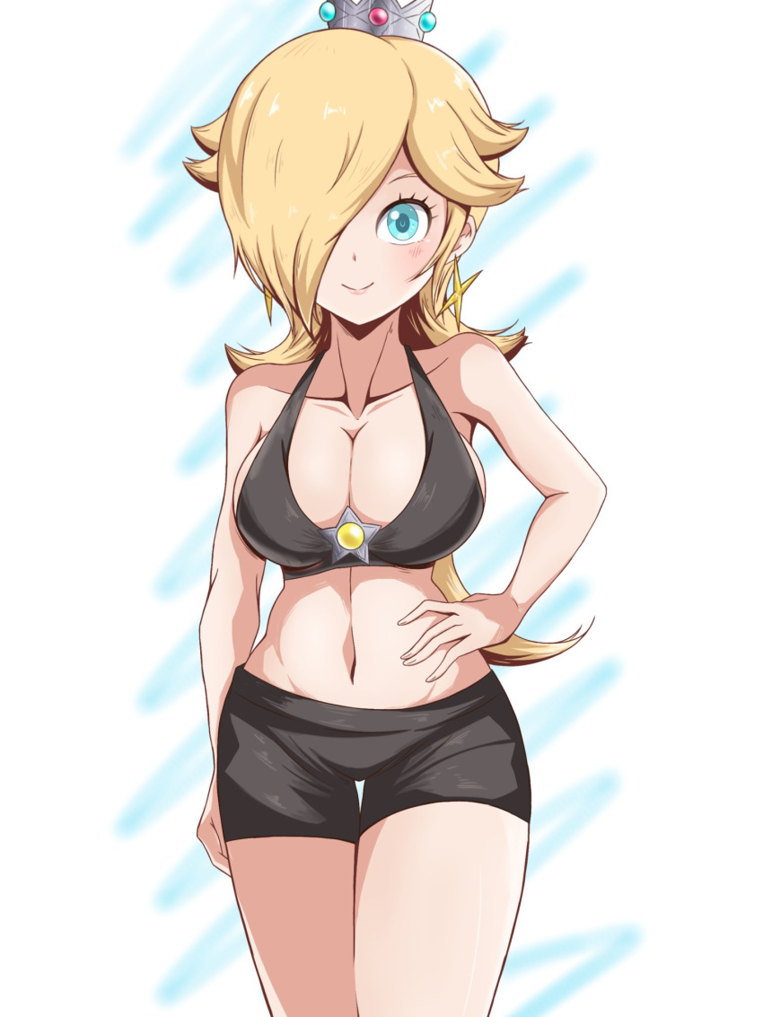 1girl 魅惑的な前髪 black_shorts black_top blonde_hair blue_eyes クラウン ニヤリ 髪_covering_eye mario_(series) 任天堂プリンセス_ロザリーナ ロザリナ シルバー_クラウン スポーツブラ スター_アクセサリー ヤスロザリーナ