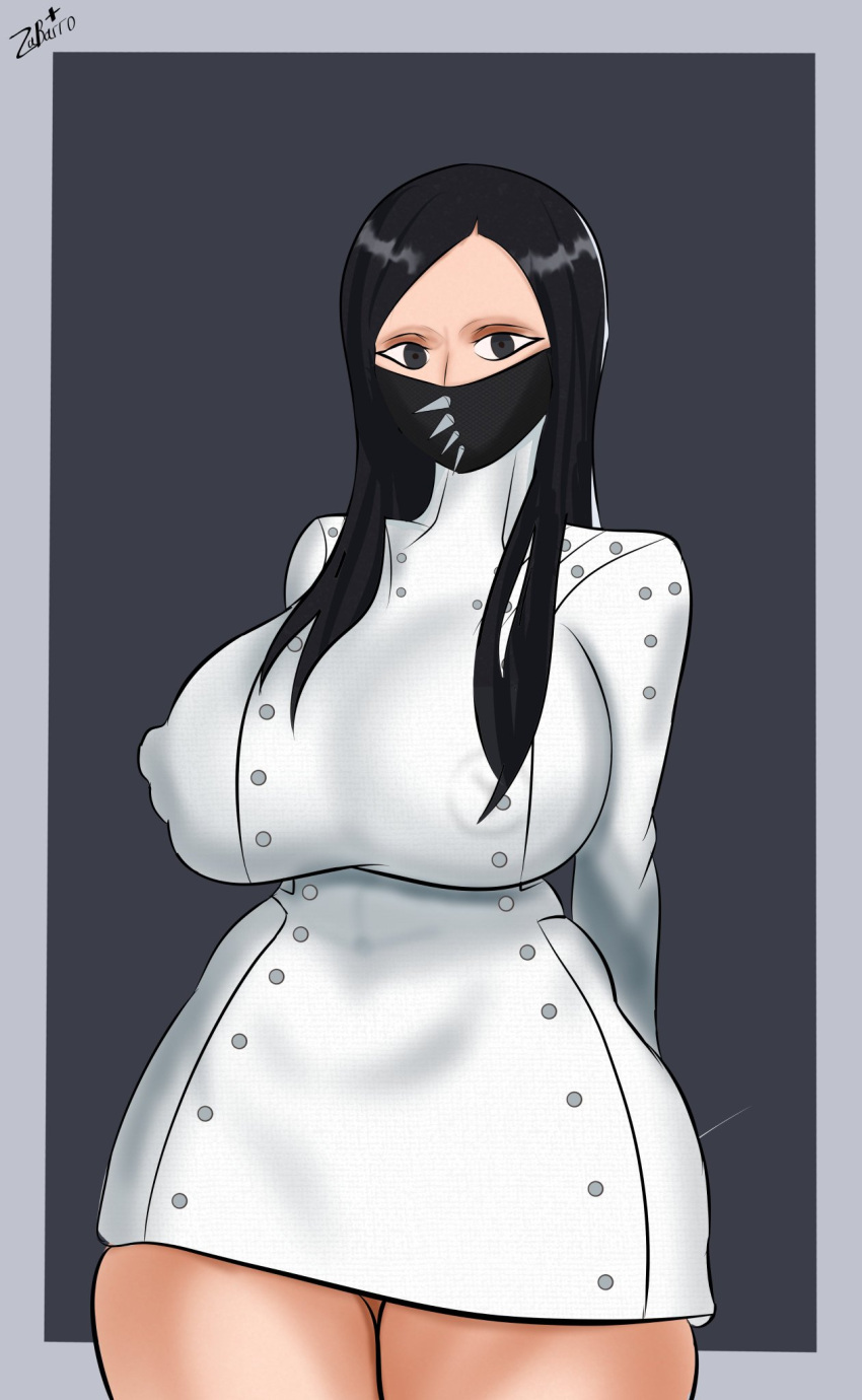 1girl as_nodt big_breasts black_eyes black_hair ブリーチ ブリーチ:_千年決戦篇 乳房 ゴシック ロングヘア マスク 成熟した_女性 ミニスカート 性的_挑発的 スカート 制服 白_スカート ザ_バロ