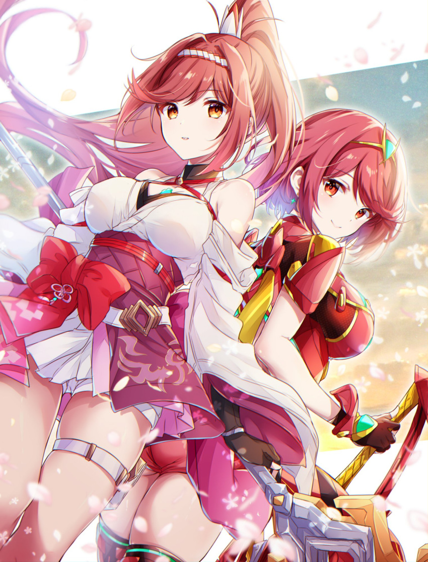 2_女の子、イージス_ソード_(ゼノブレイド)、魅力的な裸の肩、大きな胸、胸、宝石の谷間、コア_クリスタル_(ゼノブレイド)、十字形_ホルター、切り離された_袖のイヤリング、指なし_手袋、グリマー_(ゼノブレイド)の手袋、ヘアバンド、ホルターネックのかぶと、ハイポニーテール、高解像度、日本の服、ジュエリー、着物、長い髪、見る人、母と娘ター 複数の女の子 ニンテンドー 帯 ポニーテール パイラ レッドアイズ レッドヘアサッシュ ショートヘア ショートパンツ 笑顔ストッキング スイープ前髪 ティアラ ツートーンヘアバンド ui_frara 白着物 ゼノブレイド_(シリーズ) ゼノブレイド_2 ゼノブレイド_3 ゼノブレイド_3:_future_redeemed