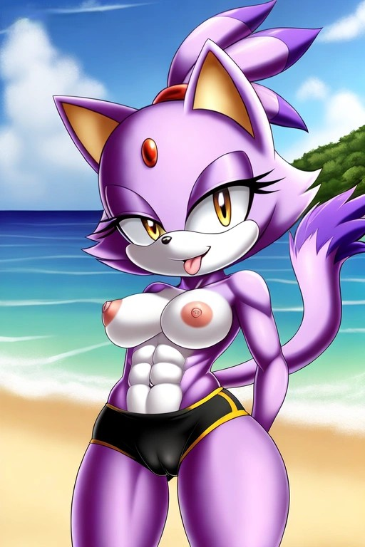 腹筋 ai_generated ビーチ blaze_the_cat 胸 mobians.ai 乳首 ナゲット海 シーサイド セガ ショーツ sonic_the_hedgehog_(シリーズ) トップレス トップレス_女性