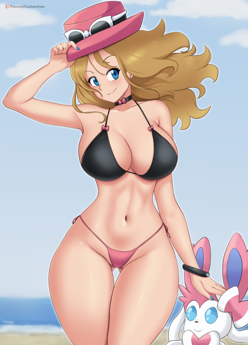 1女の子 魅力的な 巨乳 ビキニ ブロンドの髪 青い目 胸の谷間 deviantart fanbox_reward ガムスライム ガムロード 任天堂 パトレオン ポケモン ポケモン_(アニメ) ポケモン_xy セレナ_(ポケモン) シルベオン