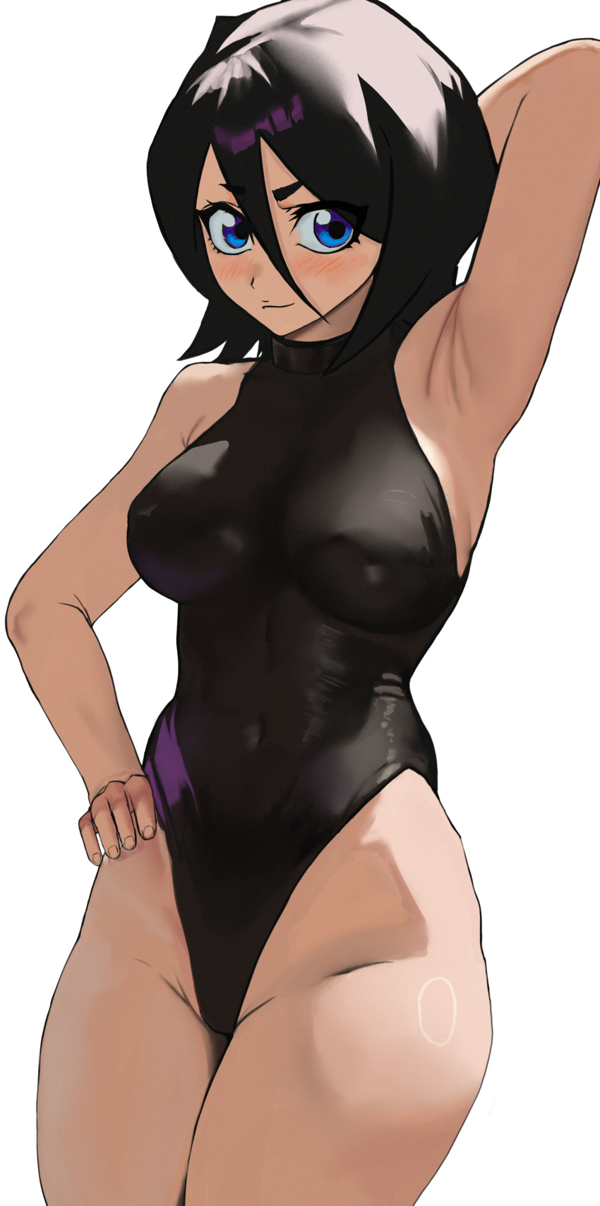 女の子1人 脇の下 巨乳 ビキニ black_bikini 黒目 black_hair black_one-piece_swimsuit 漂白剤 blue_eyes 乳房 kuchiki_rukia 成熟した女性 medium_hair ワンピース_水着 変態 変態_女性のマンコ 性的_思わせぶり ショートヘア 笑顔 ソロ_フォーカス 白_背景