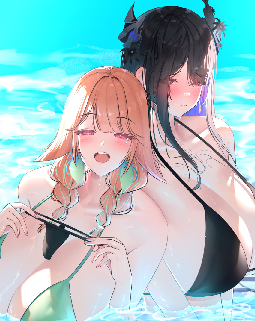 2_女の子不条理非対称角ビキニ black_bikini black_hair blue_hair 赤面胸の谷間 color_inner_hair Demon_horns huge_breasts gradient_hair green_bikini green_hair high_resholdingholding_clothesholding_swimsuit ホロライブ hololive_english 角 looking_at_viewer multicoloured_hair nerissa_ravencroft official_alternate_costume orange_hair prab purple_eyes red_目 笑顔 水着 takanashi_kiara 歯 upper_teeth_only virtual_youtuber 水遊び 濡れ