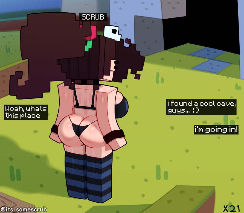 1女の子の後ろ姿 大きなお尻 大きな胸 ブロック状のボディ ブラジャー フェムスクラブ ゴス ゴスガール マインクラフト ポニーテール いくつかのスクラブ 縞模様のレッグウェア Tバック