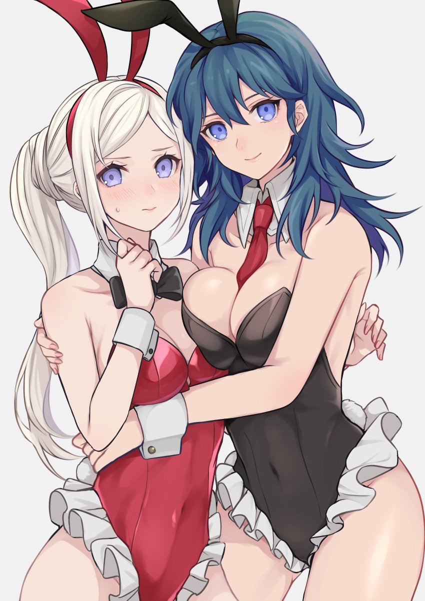 2_女の子の魅力的な代替コスチューム、巨乳、黒レオタード、青い目、ボウタイ胸、バニー耳、バニーガール、バニーテール、バニースーツ、バイレス_(ファイアーエンブレム)、バイレス_(ファイアーエンブレム)_(女性)、付け襟、エーデルガルド_フォン_フレスベルグ、偽動物の耳、偽尾、ファイアーエンブレム、ファイアーエンブレム:_three_houses、ハグ、ハグ、レオットアード 長い髪 見る人 ミディアムブレスト ネクタイ 任天堂 プレイボーイ バニー ポニーテール 赤レオタード 清水アキナ ティールヘア 白髪 手首カフス