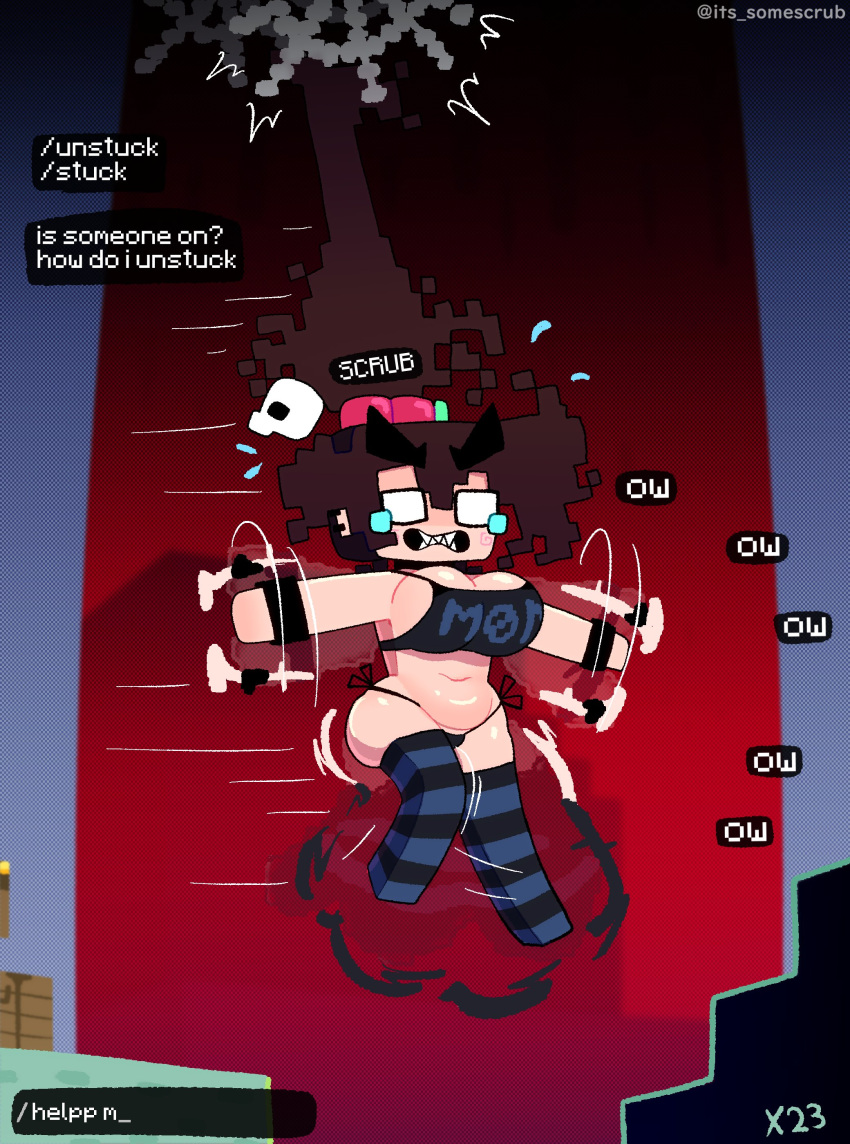 1女の子の巨乳が泣いているフェムスクラブがぶら下がっているマインクラフトのいくつかのスクラブの縞模様のレッグウェアがTバックおなかをスタックしています