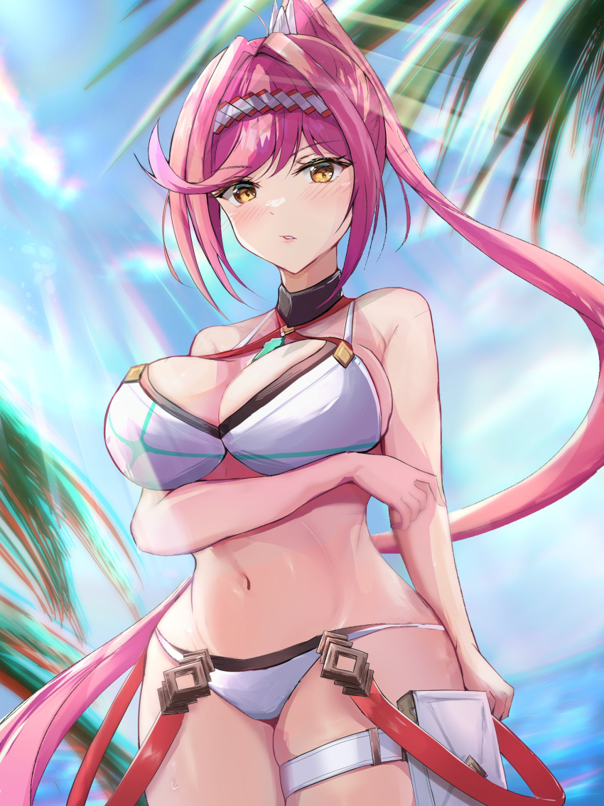 1女の子 魅惑的なビーチ 巨乳 ビキニ 雲のコア_クリスタルグリマー_(ゼノブレイド) ヘアバンド カルーシ 見る人 へそへそ 任天堂の海 外 ピンク_髪 ポニーテール 空 水着 太ももポーチ 太ももストラップ 水 白_ビキニ ホワイト_水着 ゼノブレイド(シリーズ) ゼノブレイド_クロニクル_3 イエローアイズ