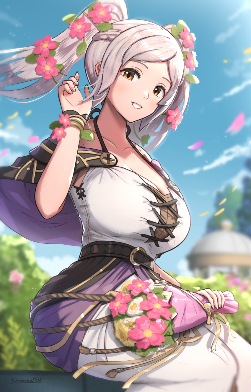 1女の子 不条理な解像度 魅惑的な巨乳 茶色の目 ドレス ファイアーエンブレム ファイアーエンブレム覚醒 花の頭上 ゴンザレス 高解像度 ロビン(ファイアーエンブレム) ロビン(ファイアーエンブレム)_(女性) 銀髪 ツインおさげ