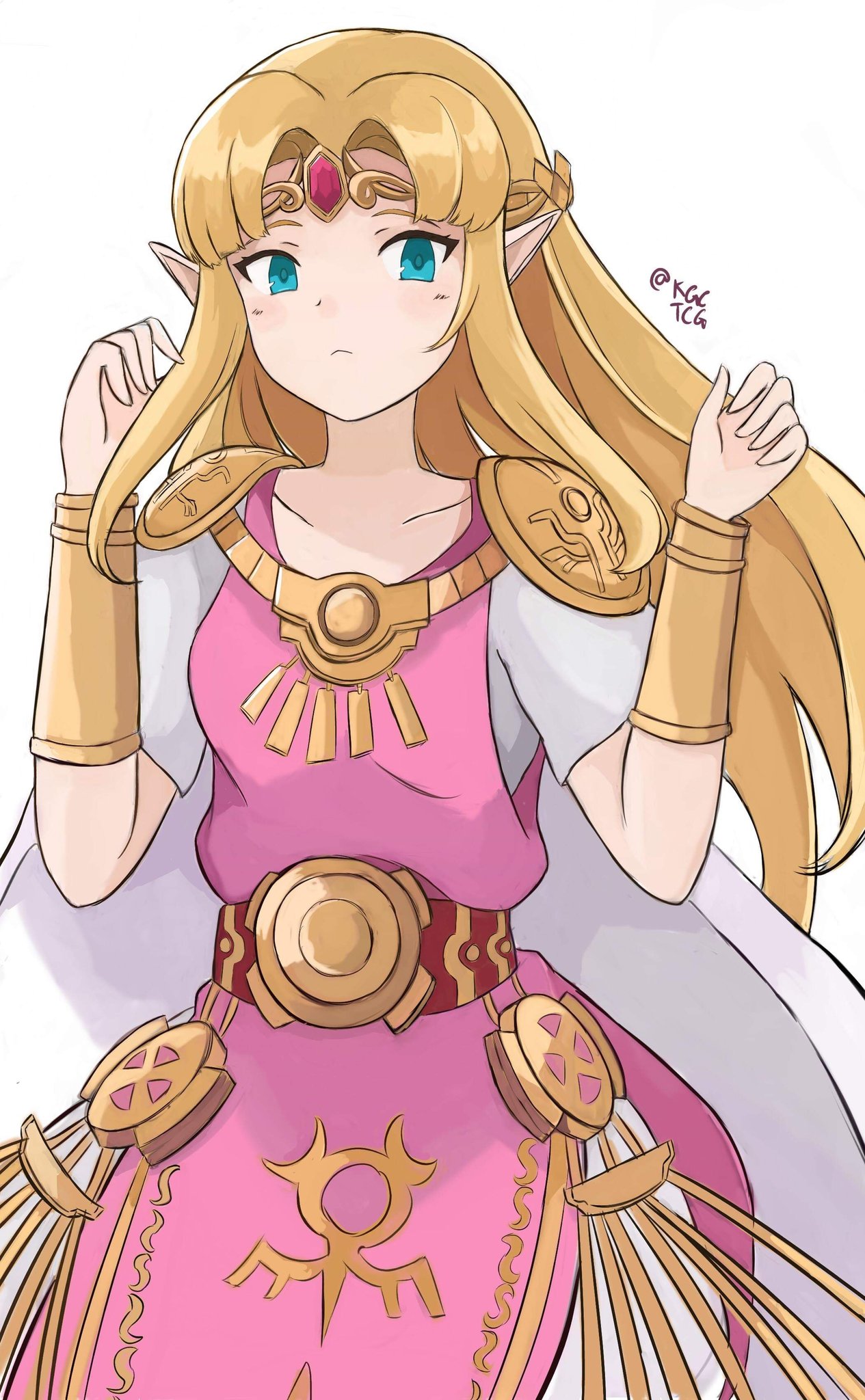 1女の子 1女の子 魅力的な腕章 ベルト 金髪の髪 青い目 ケープドレス しかめっ面 高解像度 kgctcg 任天堂 ピンクのドレス とがった耳 ゼルダ姫 シンプル背景 立っている ゼルダの伝説 ゼルダの伝説:_a_link_between_worlds 白背景