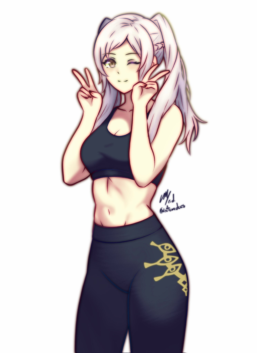 1女の子 魅力的な巨乳 黒 スポーツブラ 三つ編み 茶色の目 胸の谷間 鎖骨 ダブルv ファイアーエムブレム ファイアーエムブレム覚醒 高解像度 ロングヘア へそ 任天堂 片目閉じたパンツ ロビン(ファイアーエンブレム) ロビン(ファイアーエンブレム)_(女性) ロトムドックス スマイル スポーツブラ スポーツウェア お腹 ツインテール v 白髪 ウィンク ヨガパンツ