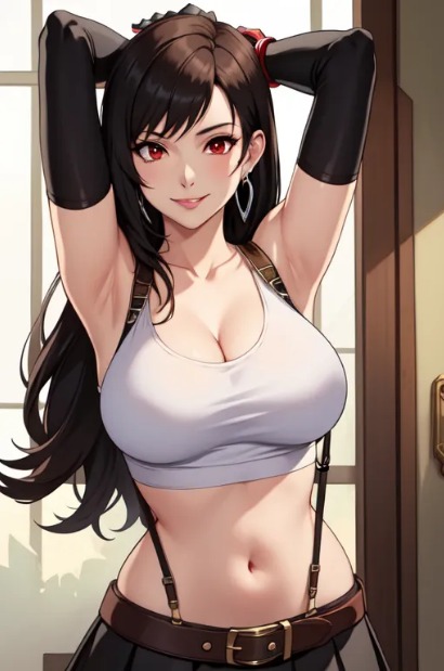 ai_生成された巨乳 黒髪 茶髪 イヤリング ファイナルファンタジー ファイナルファンタジーvii 手後ろ 頭光 肌 長髪 見つめる 赤目 笑顔 スマイリーフェイス タンクトップ ティファ・ロックハート