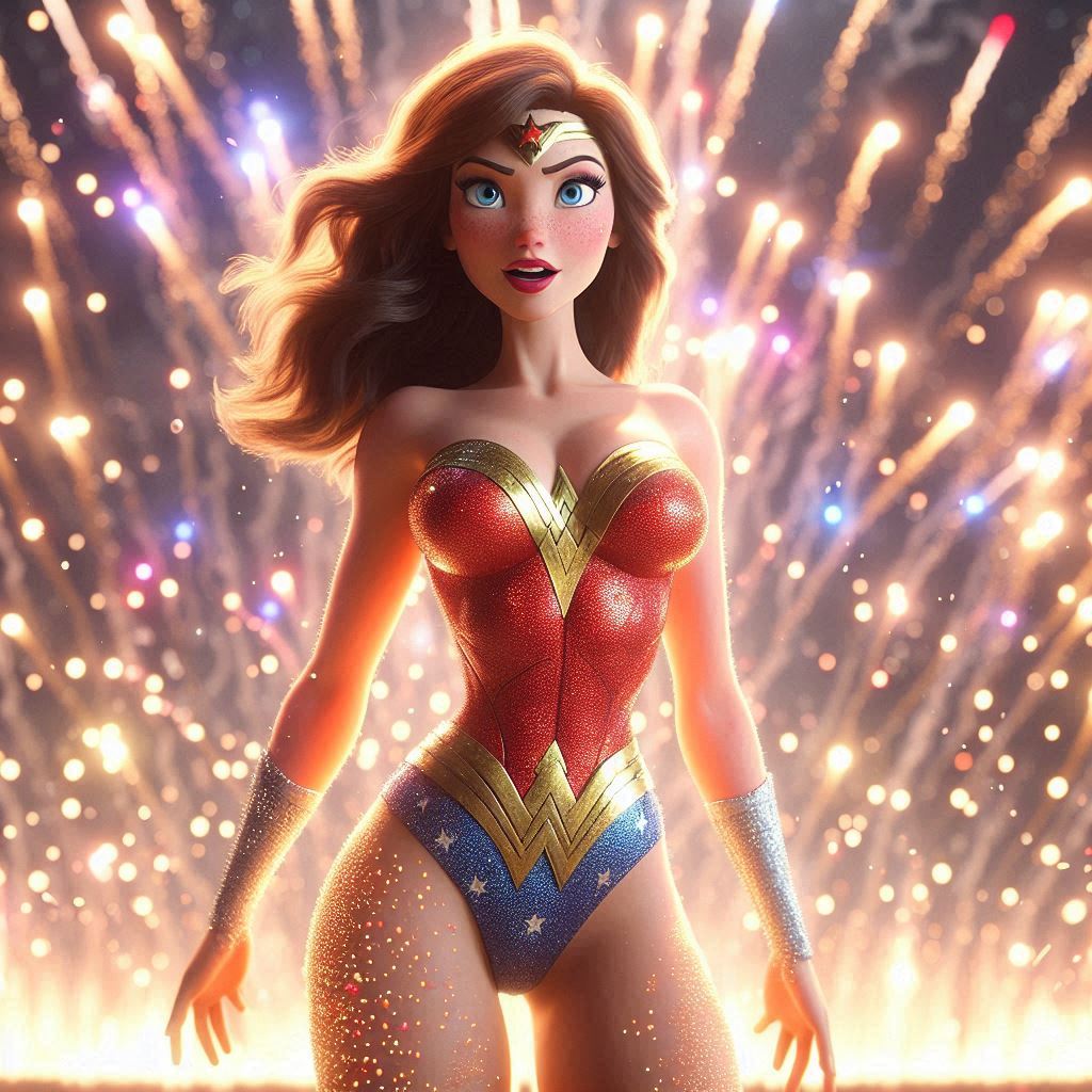 ai_generated 巨乳 青い目 ボディスーツ ブレスレット 茶髪 dc_comics dc_comics 花火 口紅 長髪 夜 ワンダーウーマン