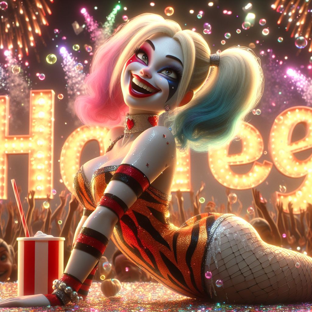 ai_generated お尻 金髪 青髪 ボディスーツ dc_comics dc_comics 染めた髪 花火 ハーリーン・クインゼル ハーレイ・クイン 口紅 化粧 夜 赤髪 ツインテール