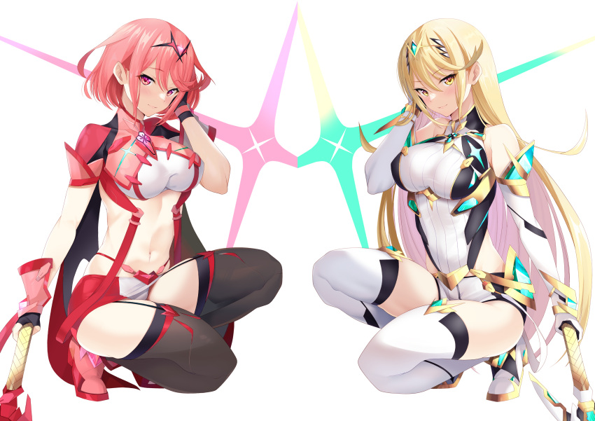 2_女の子の適応コスチューム、イージス_ソード_(ゼノブレイド)、魅力的な巨乳、ブロンド、胸、宝石、ダイブドレス、イヤリング、肘、手袋、宝石の手袋、ヘッドピース、高解像度のジュエリー、長い髪、見る人、熟女、複数の女の子、ミトラ、ミトラ_(プロトタイプ)、任天堂、パイラ、パイラ_(プロトタイプ)、赤い目、赤い髪、短いドレス、短い髪、ショートパンツ、笑顔、しゃがむストックings スイープ前髪 剣 ティアラ 非常に長い髪 武器 白いドレス 白い手袋ホワイトレッグウェア ゼノブレイド_(シリーズ) ゼノブレイド_クロニクルズ_2 yellow_eyes