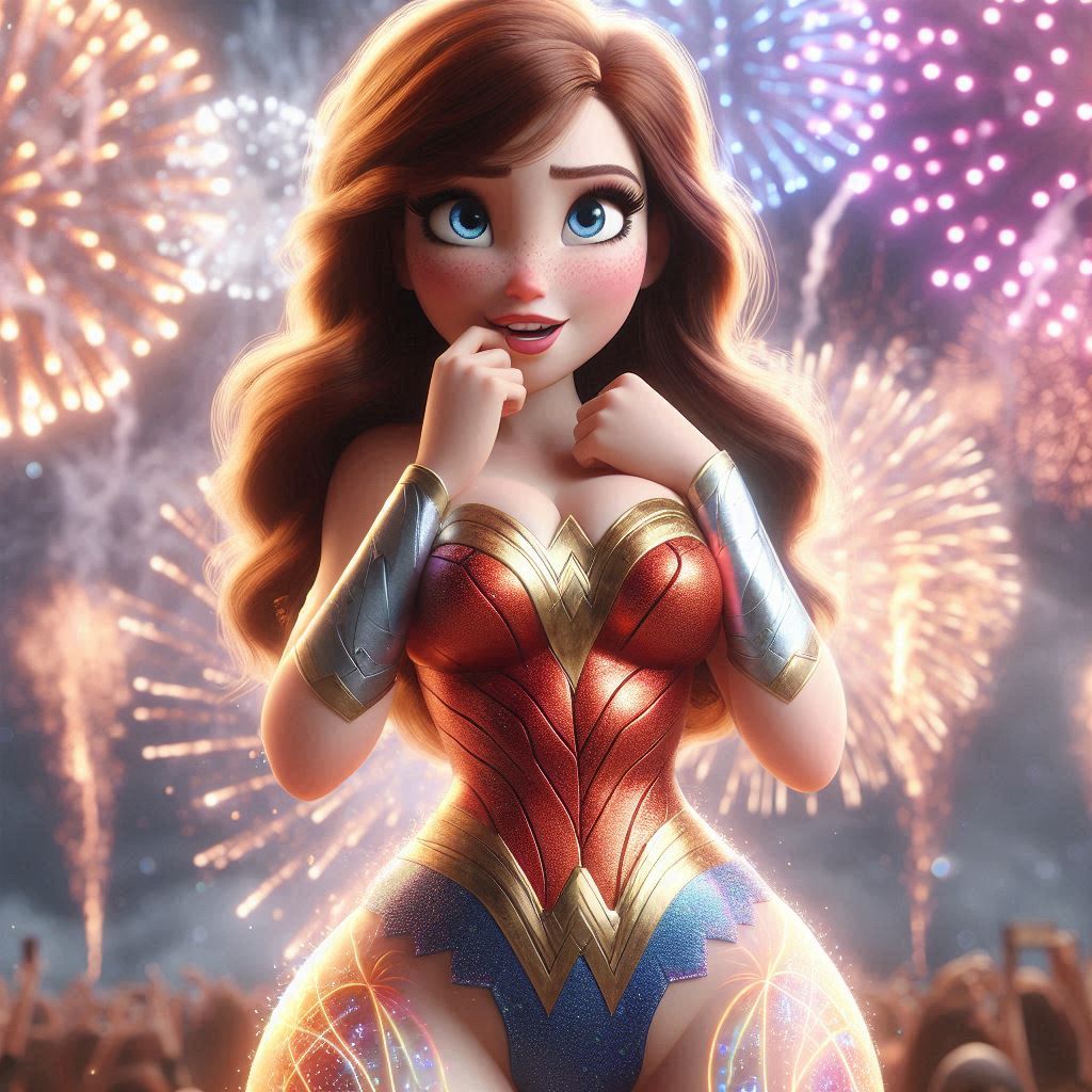 ai_generated 巨乳 青い目 ボディスーツ ブレスレット 茶髪 dc_comics dc_comics 口に指入れ 花火 口紅 長髪 夜 ワンダーウーマン