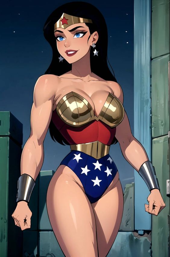 ai_generated armor 巨乳 黒髪 青い目 ボディスーツ ブレスレット dc_comics dcau イヤリング 長髪 筋肉 細腰 ティアラ ワンダーウーマン