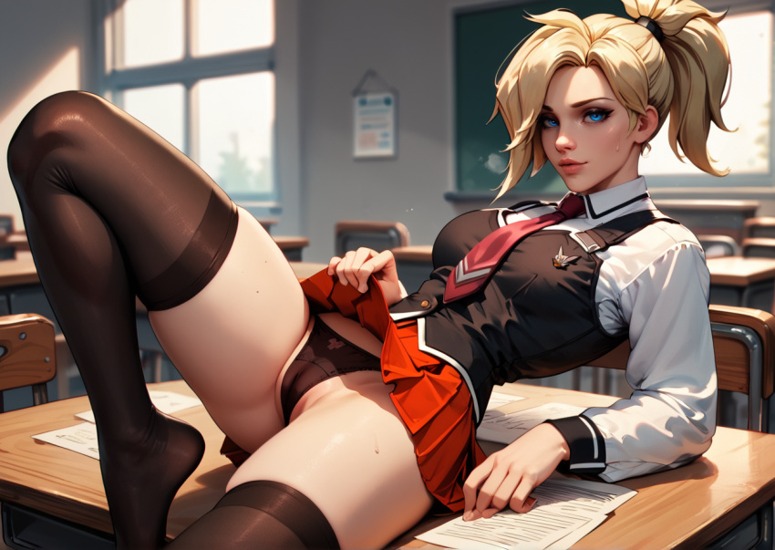 ai_generated black_panties blonde blonde_female blonde_hair blue_eyes long_hair long_sleeves mercy_(overwatch) miniskirt overwatch ponytail red_miniskirt schoolgirl schoolgirl_uniform sitting_on_desk sitting_on_table skirt_lift stockings tie vest