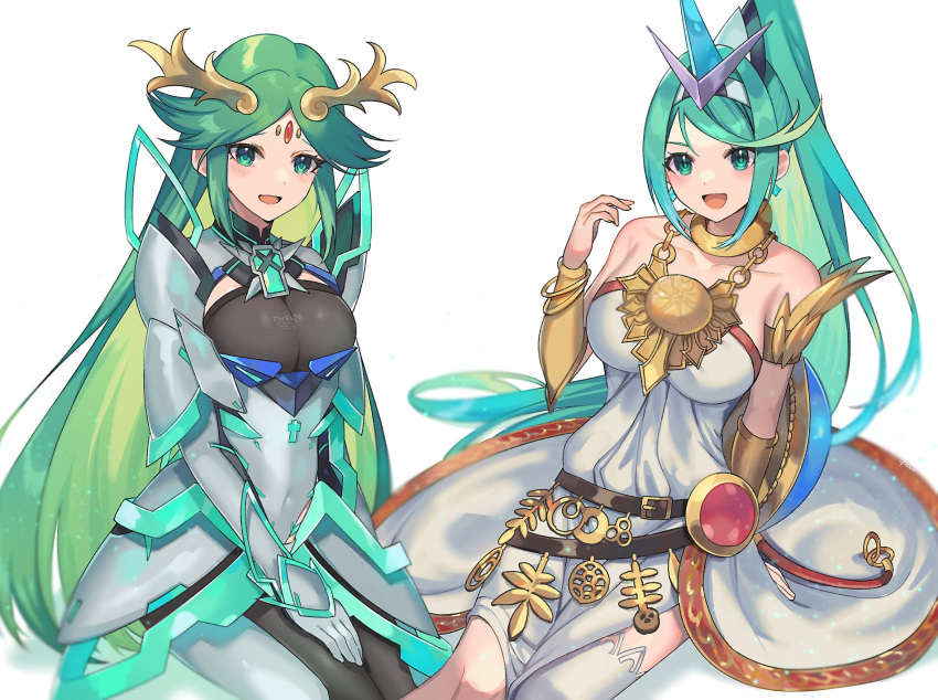 2 人の女の子、魅力的な古代ギリシャの服、腕輪、巨乳、ブレスレット、腕輪、胸の宝石、キトン、会社のつながり、コスプレ、コスチューム スイッチ、クロスオーバー ドレス、女性フォーカス、緑の目、緑の髪、高解像度の宝石、子供イカロス、子供イカロスの蜂起、長い髪、目と髪が一致、複数の女の子、任天堂、パルテナ、プネウマ (ゼノブレイド)、ポニーテール、シングル サイハイ ストッキング、ストラップレス、ストラップレスのドレス、ティアラ、特性のつながり、非常に長い髪、白いレッグウェア、ゼノブレイド (シリーズ)、ゼノブレイド クロニクル 2、やさいかき揚げ