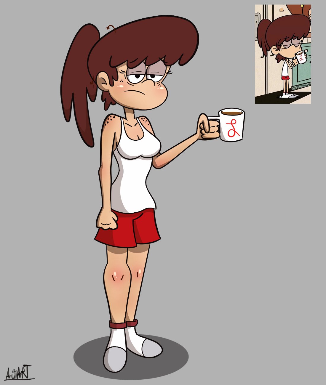 1girl aged_up autart ボクサーパンツ 胸 着衣 コーヒーマグ lynn_loud ニコロデオン 年上 ノースリーブシャツ 立っている the_loud_house