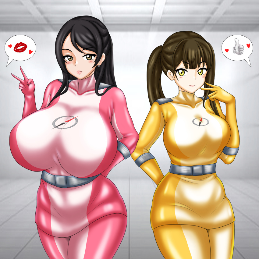 2_girls 魅力的 巨乳 黒髪 ボディスーツ 茶髪 ゴーゴー戦隊ボウケンジャー 間宮夏樹 中乳 西堀さくら ヘルメットなし オリーブ色 ピンナップ ツリーゼロ 黄色目