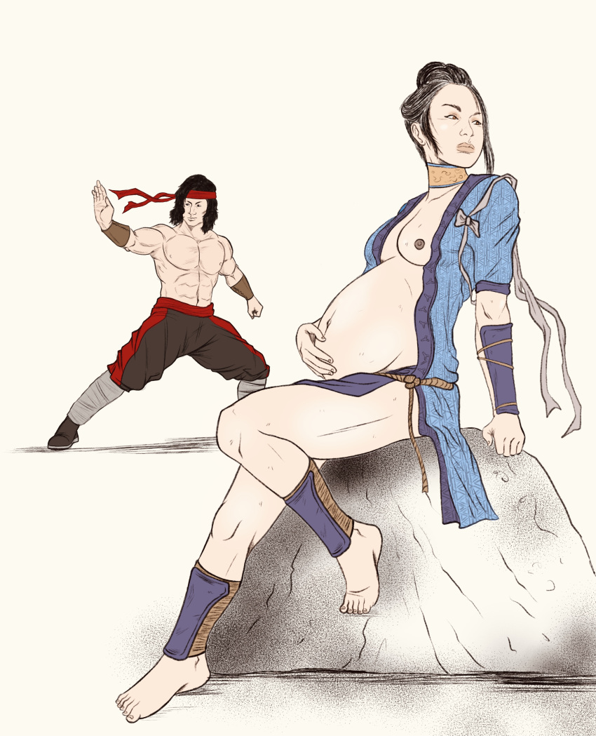 black_hair breasts canon_couple fighting_stance fuccbou kitana liu_kang mortal_kombat mortal_kombat_11 pregnancy pregnancy_belly rock simple_background tagme white_background