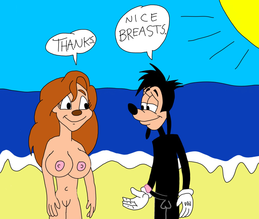 1boy 1girl 2024 a_goofy_movie aged_up 巨乳 black_hair black_nose brown_nose disney english_text 手袋 max_goof へそ 乳首 nude nude_beach orange_hair ペニス roxanne sun 睾丸