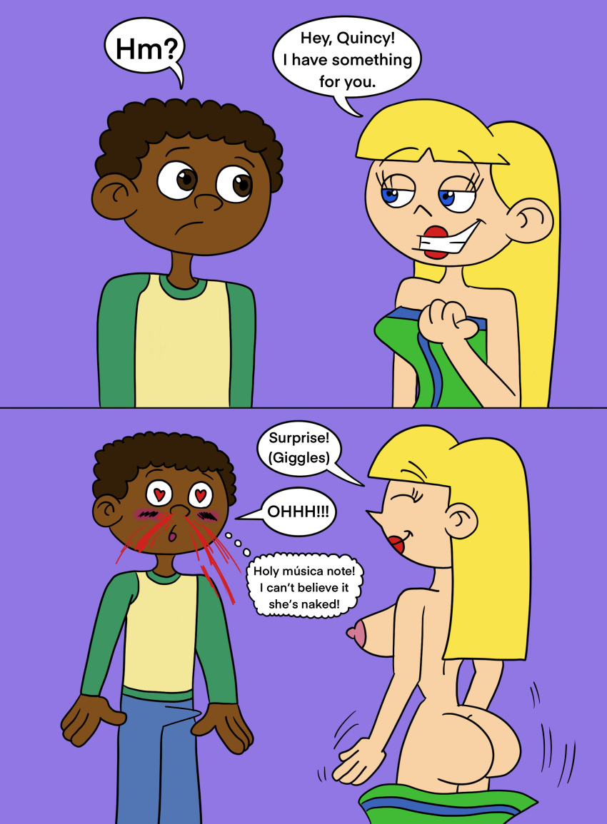 1boy 1boy1girl 1girl aged_up annie_(little_einsteins) blonde_hair breasts brown_hair clothing comic disney english_text little_einsteins matiriani28 nipples nude nude_female nude_male quincy_(little_einsteins) sidebub speech_bubble taking_off_clothes