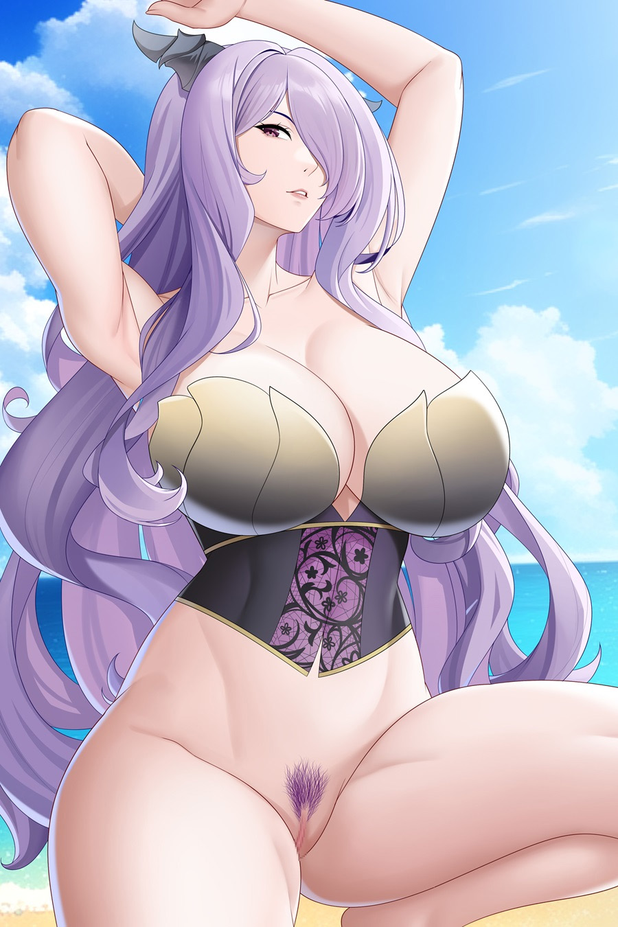 1人の女性 魅力的 代替コスチューム aslind_samure aslindsamure 生足 ビーチ 巨乳 ビキニトップのみ 茶色のビキニ 茶色の水着 カミラ（ファイアーエムブレム） 女性のみ 女性の陰毛 ファイアーエムブレム ファイアーエムブレムフェイト 片目の上に髪 色白の女性 長髪 腰から下は裸 任天堂 海 ピンナップ 陰毛 紫の目 紫の髪 黄色のビキニ 黄色の水着