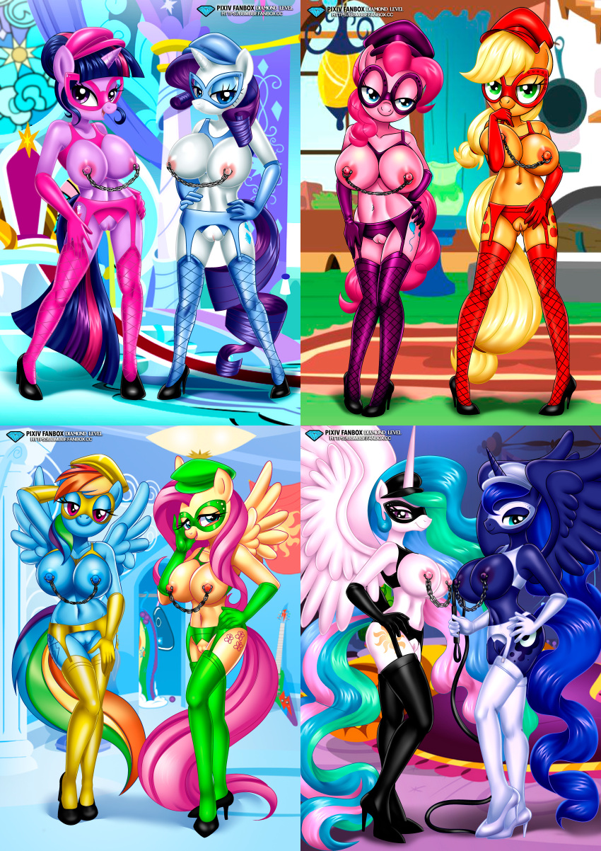 2_girls anthro anthro_only anthrofied applejack_(mlp) bbmbbf bdsm_gear black_stockings bondage bondage_outfit wristbandracelet wristbands breasts diamond_level dominatrix domino_mask equestria_untamed female_focus fluttershy_(mlp) friendship_is_magic masked_girl multiple_girls my_little_pony nipple_chain nipples nude nude_male palcomix pietro's_secret_club pinkie_pie_(mlp) princess_celestia_(mlp) princess_luna_(mlp) rainbow_dash_(mlp) rarity_(mlp) shoes_only spiked_anklet stockings stockings_only studd studded_bracelet studded_collar twilight_sparkle_(mlp) url whip whip_marks yiff