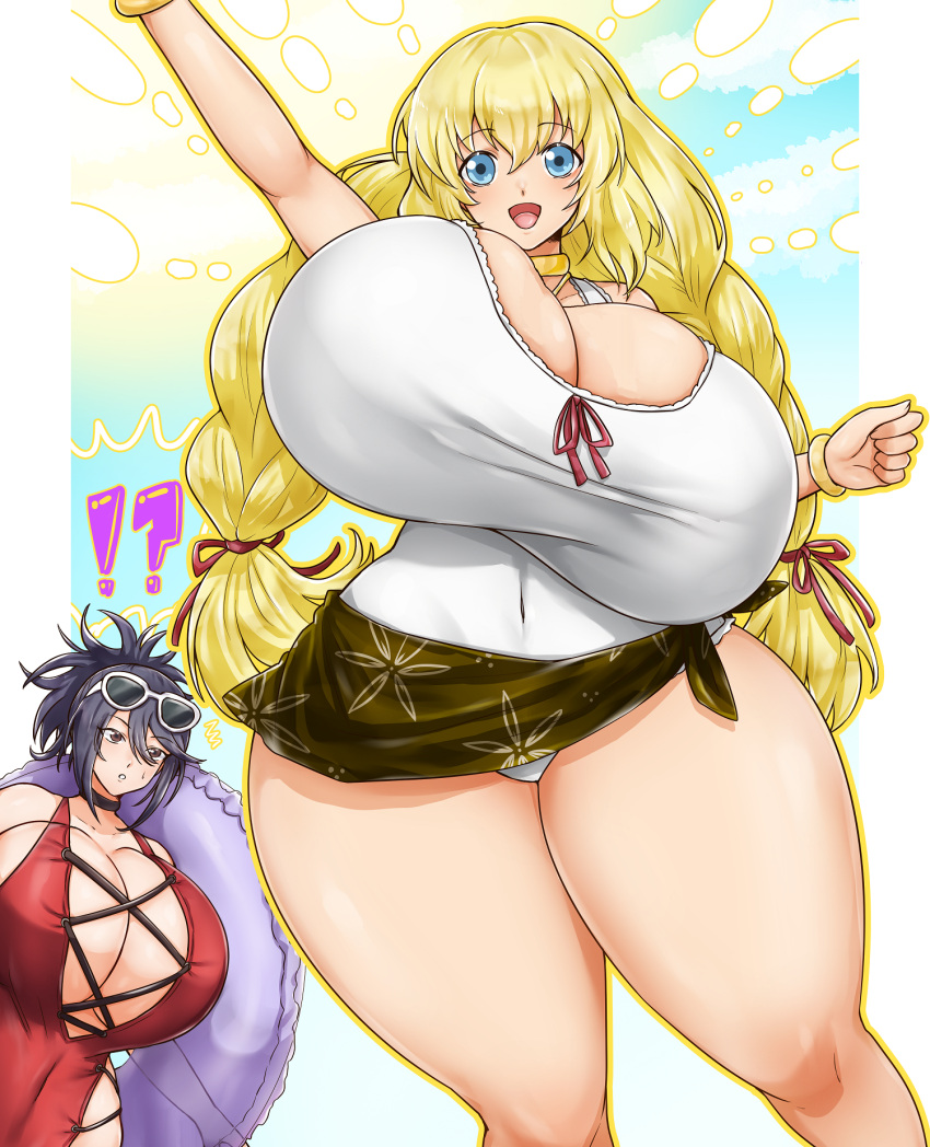 2_girls alternate_breast_size big_breasts black_hair blonde_hair blue_eyes breasts cleavage colette_brunel huge_breasts fujibayashi_sheena gigantic_breasts happy hips huge_breasts huge_hips huge_thighs long_hair looking_at_viewer massive_breasts sheena_fujibayashi tales tales_of_(series) tales_of_symphonia thick_thighs thighs wide_hips