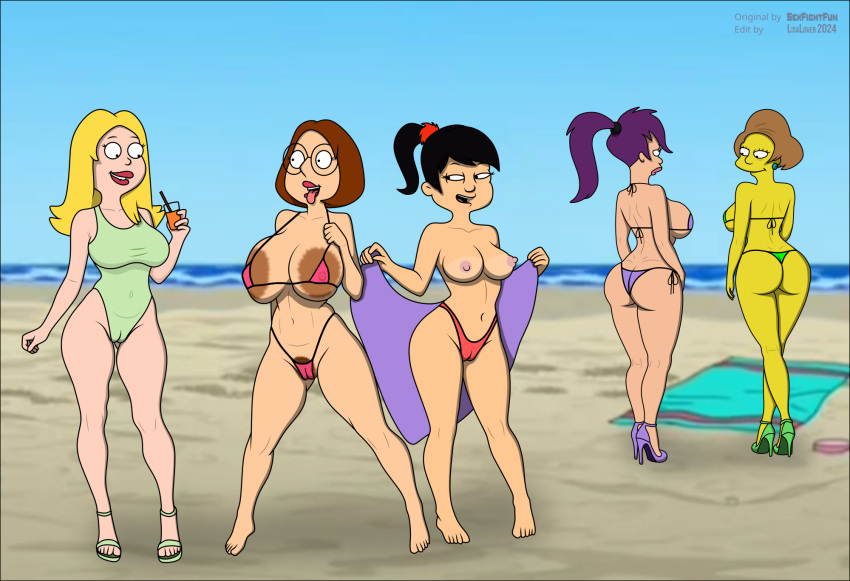 5girls aged_up akiko_yoshida american_dad asian_female ass beach big_breasts bikini blonde blonde_hair brunette cameltoe edit edna_krabappel erect_nipples family_guy francine_smith futurama glass large_areolae lisalover meg_griffin milf milfs mom pussy_hair sexfightfun swimsuit the_simpsons turanga_leela violet_hair yuri