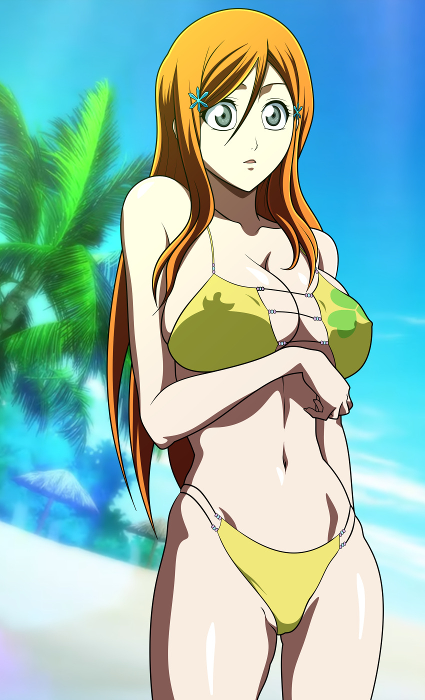 1girl 魅力的な anime_style auburn_hair beach beach_background big_breasts ビキニ ビキニ_bottom ビキニ_トップ ブリーチ 胸の谷間 カラー カラー同人 同人カバー グレー_目 井上_織姫 ランジェリー 乳首 乳首_見える_スルー_服 オールドホラーズ オレンジ_髪 パンティ