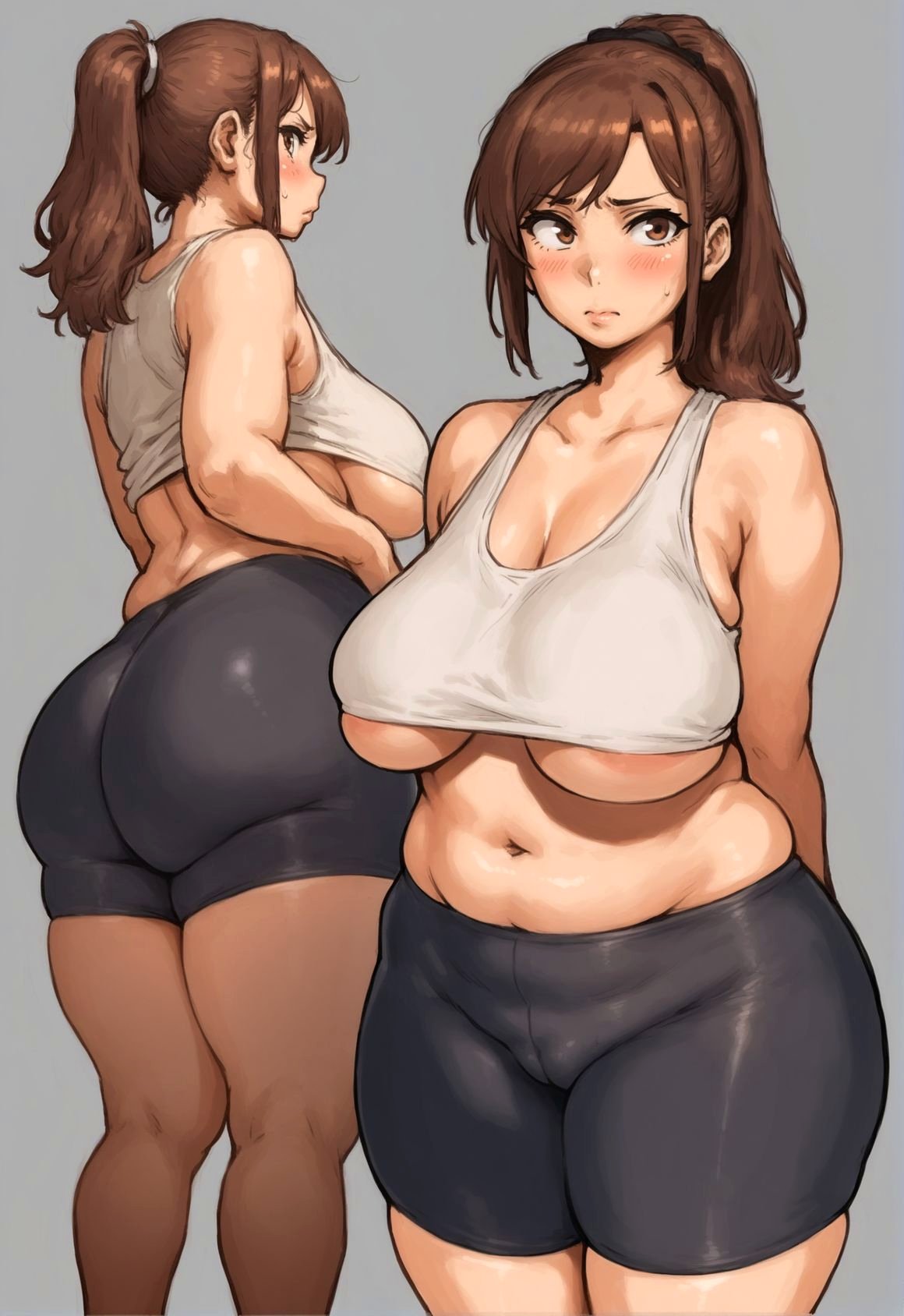 1girl ai_generated ass azuma_hirato big_ass big_breasts 乳房 茶髪 スジ dat_ass fat_ass fat_butt women_only high_res ひまわりは夜に咲く hpeq huge_ass light-skinned_girl light_skin looking_at_viewer 青白い肌_女性 ポニーテール ソロ_女性 立っている武田弘光 厚い_太もも 太ももの下_おっぱい 白い_肌