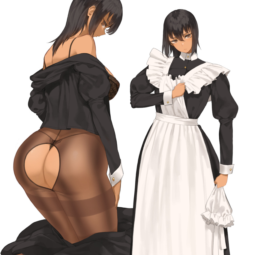 1人の女の子 巨乳 泡尻 胸の谷間 浅黒い肌の女性 エッチなセックスに誘う 見る人を見る メイド メイドの制服のポーズ ストッキング からかう 太い太もも 脱衣する