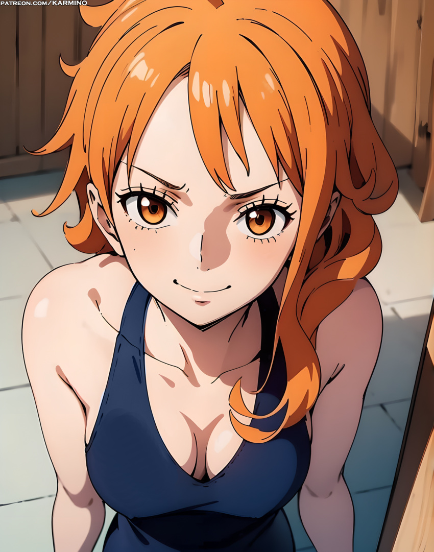 女1人 女1人 前髪 裸腕 裸肩 巨乳 ブルータンクトップ 赤面 胸 茶色の目 鎖骨 谷間 口閉じ 服 ドレス 女性のみ 室内 長髪 見つめる 中乳 ナミ ナミ(ワンピース) ワンピース オレンジ目 オレンジ髪 短髪 ノースリーブ 笑顔 タンクトップ 上半身