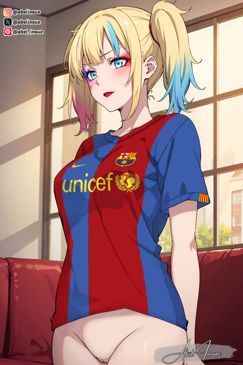 1女の子 アベリノウエ 金髪 青い目 底なし fc_バルセロナ 女性専用 ハーレークイン ハーレークイン_(自殺分隊異世界) 長髪 多色髪 ネコム14 ノーパン マンコ 赤_口紅 サッカージャージ 自殺分隊異世界 ツインテール