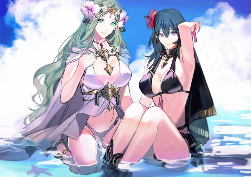 2_女の子の魅力的な裸足、裸の肩、ビーチ、大きな胸、ビキニ、黒ビキニ、黒ケープ、青い目、青い空、赤面、バイレス_(ファイア_エンブレム)、バイレス_(ファイア_エンブレム)_(女性)、バイレス_(夏)_(ファイア_エンブレム)_(女性)、マント、胸の谷間、閉じた、口、雲、鎖骨、解説、リクエストデー、ファイア_エンブレム、ファイア_エンブレム:_three_houses、ファイア_エンブレム_彼女オエスフラワー green_eyes緑の髪 目の間の髪 髪の花 髪飾り 手を上げる ひざまずく ロングヘア 見つめる 腹部 複数の女の子 おへそ ニンテンドーオーシャン 公式オルタナティブコスチューム 外リビジョン レア_(ファイア_エンブレム) レア_(夏)_(ファイア_エンブレム) リボン サイドロック 座る 空 笑顔 スパークル 水着 ティールヘア ティアラ ツキムラ_ノエ 水武器 手首_リボン