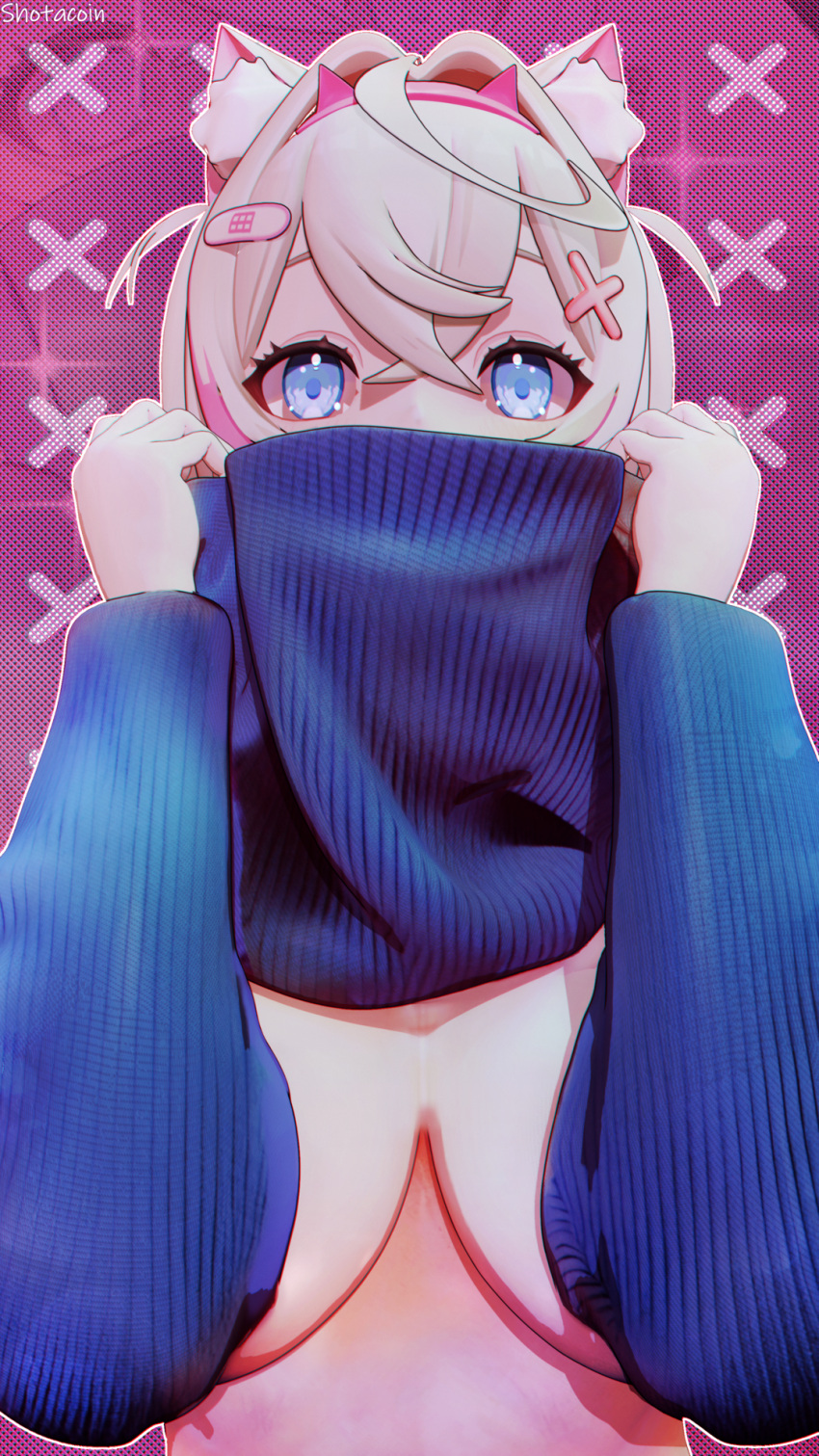 ブルーアイズ ボンデヘア 胸 胸を覆う胸 ホロライブ 見る人 モココ アビスガルド セーター Vtuber